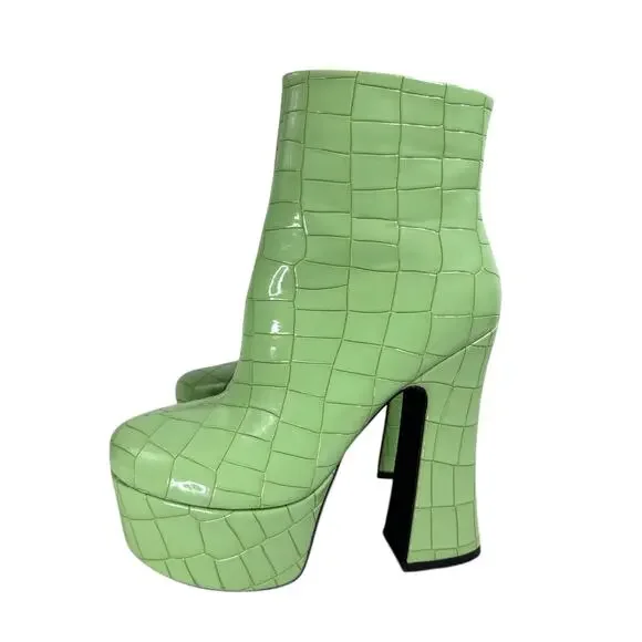 Azalea Wang Green Platform Chunky Booties Croc Embossed Size 8 - Picture 4 of 15
